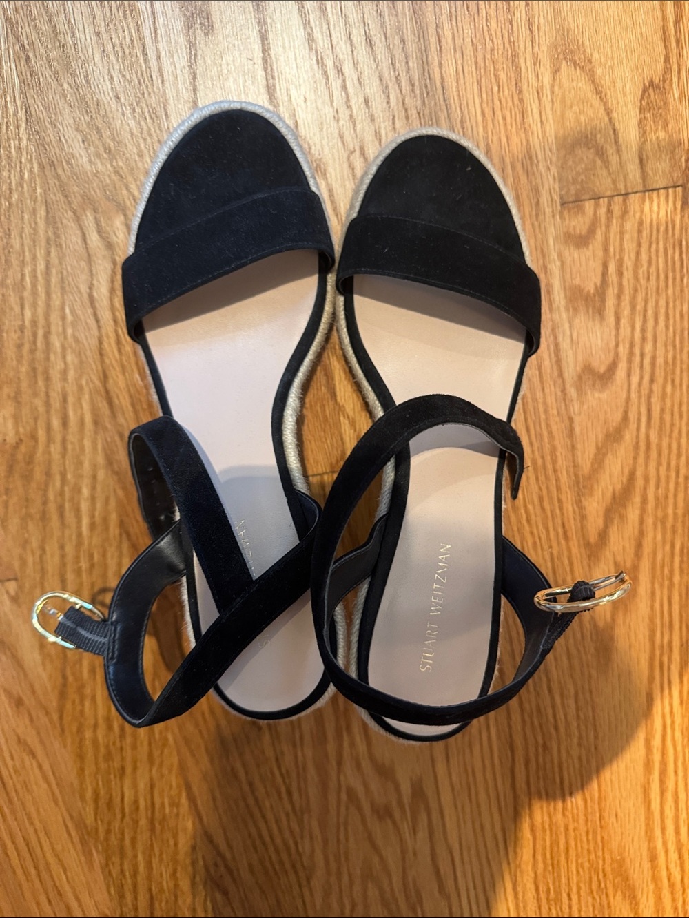 Stuart Weitzman Black Suede Open-Toe Ankle Strap Wedge Sandals